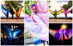 teltenlopers in grote kostuums als aarde, vuur, water en lucht tijdens een parade