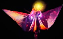 teltenlopers in grote kostuums als aarde, vuur, water en lucht tijdens een parade