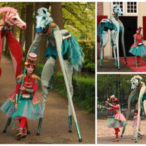 Kleurrijke Paradepaarden op Stelten boeken? Interactieve straattheater act met steltenlopers en dresseur. Perfect voor ontvangst, festival en winkelcentrum.