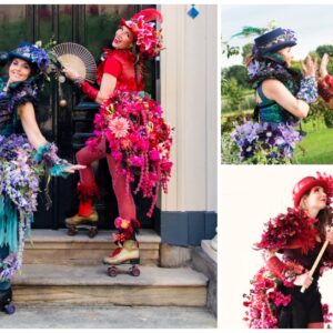 Rollerskate bloemen act met kleurrijke kostuums en dans. Mobiel straattheater met interactieve performers op rolschaatsen, ideaal voor festivals en winkelcentra in lente en zomer.