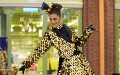Rollerskate gouden act met dans en glamour. Mobiele performers op rolschaatsen, ideaal voor festivals en bedrijfsevents.