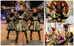 Rollerskate gouden act met dans en glamour. Mobiele performers op rolschaatsen, ideaal voor festivals en bedrijfsevents.