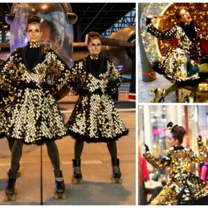 Rollerskate gouden act met dans en glamour. Mobiele performers op rolschaatsen, ideaal voor festivals en bedrijfsevents.