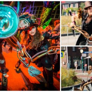 Rollerskate Steampunk Act boeken? Mobiel straattheater met dans en interactieve performers. Ideaal voor festivals, thematische events en winkelcentra.