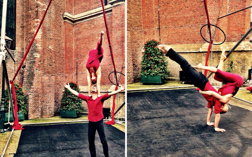 Acrobatika met acrobatische dans, partneracrobatiek, luchtacrobatiek en spectaculaire lifts tijdens optredens.
