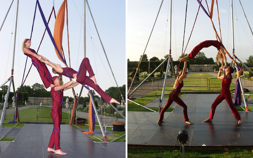Acrobatika met acrobatische dans, partneracrobatiek, luchtacrobatiek en spectaculaire lifts tijdens optredens.