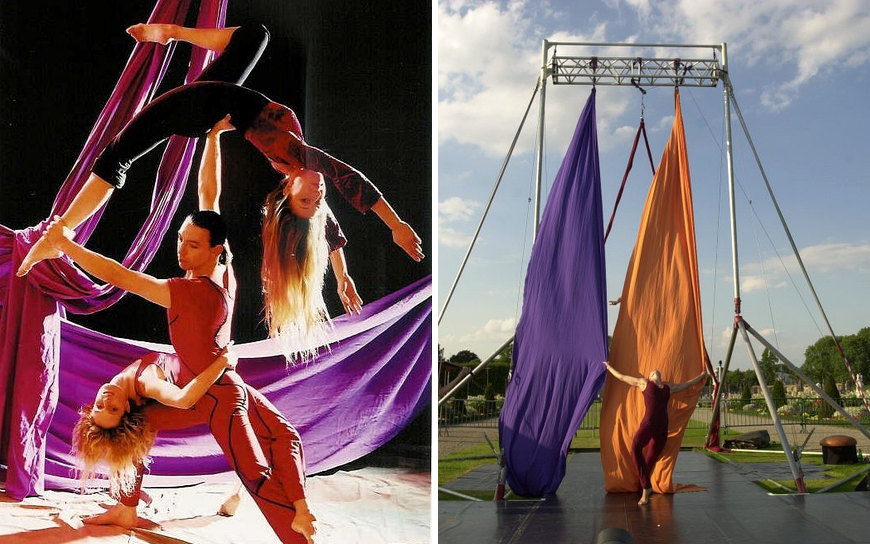 Acrobatika met acrobatische dans, partneracrobatiek, luchtacrobatiek en spectaculaire lifts tijdens optredens.