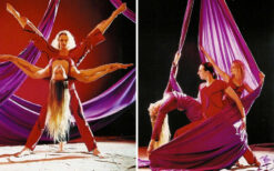 Acrobatika met acrobatische dans, partneracrobatiek, luchtacrobatiek en spectaculaire lifts tijdens optredens.