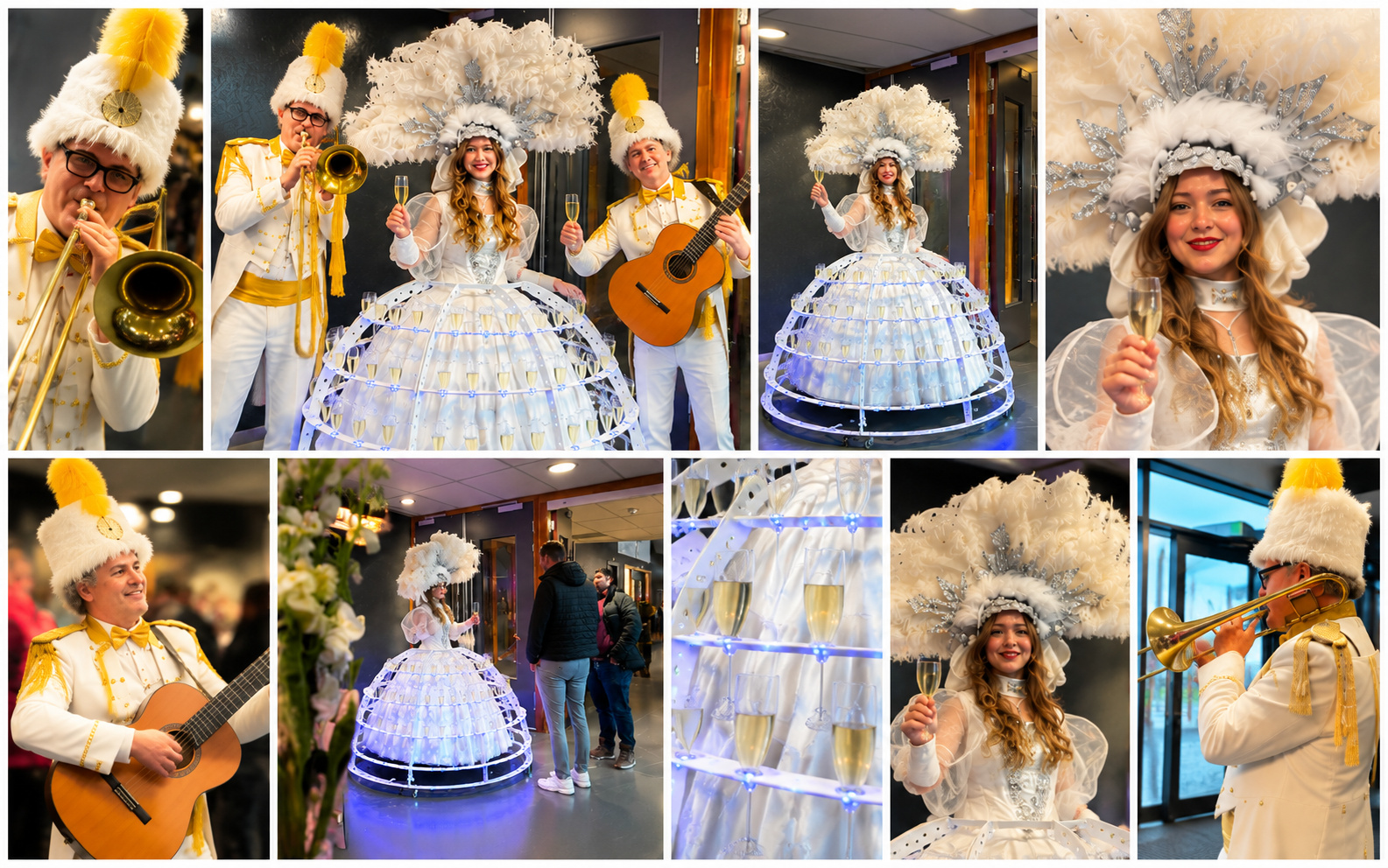 Champagne Diva met verlichte champagnejurk en twee Bijzondere Muzikanten tijdens een feestelijke ontvangst