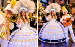 Champagne Diva met verlichte champagnejurk en twee Bijzondere Muzikanten tijdens een feestelijke ontvangst