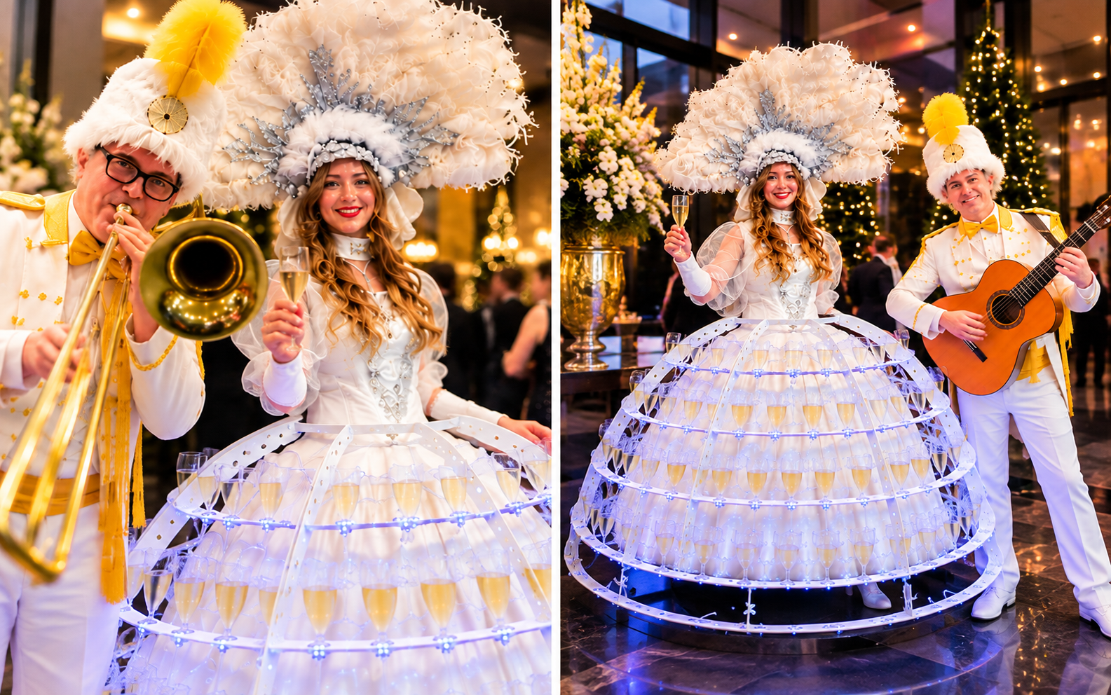 Champagne Diva met verlichte champagnejurk en twee Bijzondere Muzikanten tijdens een feestelijke ontvangst