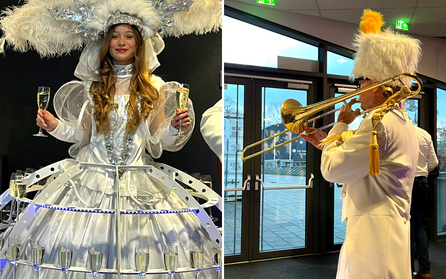 Champagne Diva met verlichte champagnejurk en twee Bijzondere Muzikanten tijdens een feestelijke ontvangst