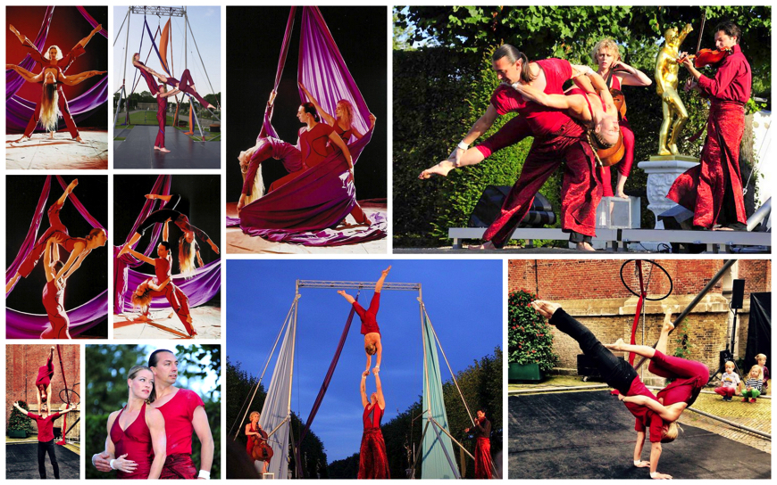 Fotocollage Acrobatika met acrobatische dans, partneracrobatiek, luchtacrobatiek en spectaculaire lifts tijdens optredens.